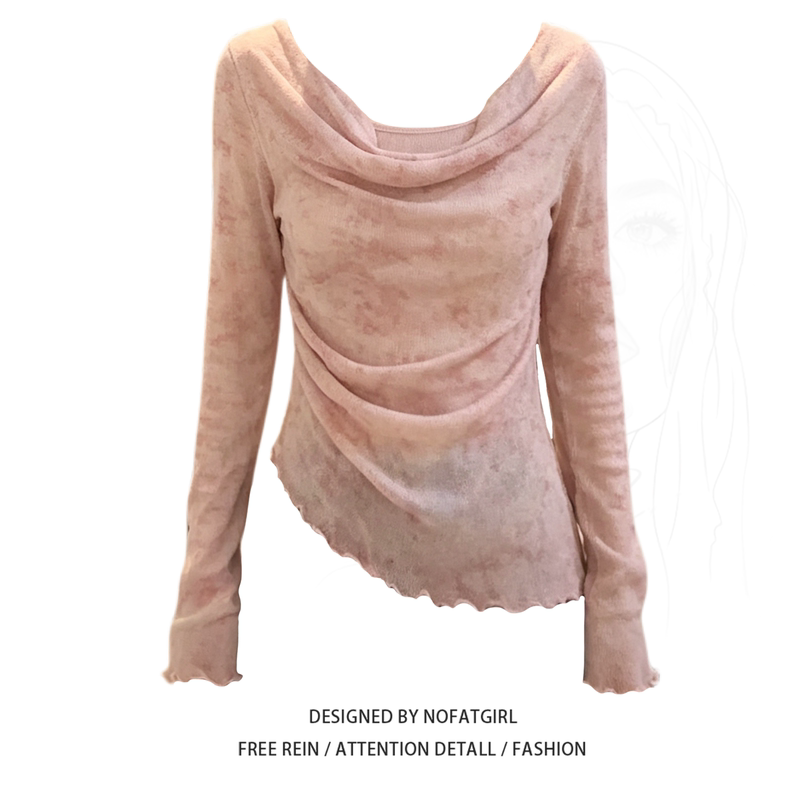 Plus-Size Korean-Style Gentle Pink Long-Sleeve T-Shirt for Women, Early Autumn New Slim-Fit Draped Collar Elegant Casual Top