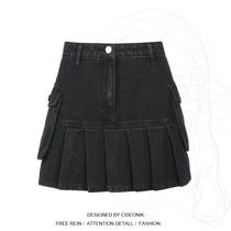 Large size womens fat sister hot girl girl group wind waist slim A skirt female retro denim pleated skirt