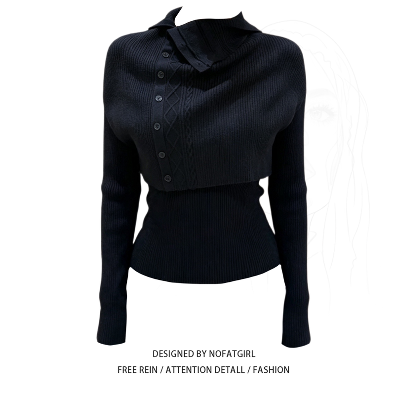 Plus-Size Korean-Style College-Style Polo Collar Slim-Fit Knit Sweater for Women, Autumn Black Pullover, Slimming and Age-Reducing Sweater