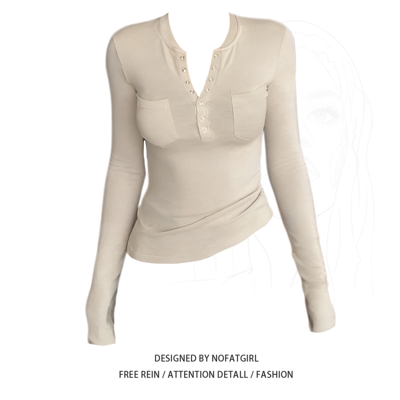 Plus-Size American-Style Henry Collar Long-Sleeve T-Shirt for Women, Early Autumn New Slim-Fit Versatile Base Shirt Top