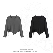 Big Code Fat Mm 100 Hitch Lean Undershirt Woman 2021 Fall Open Fork Draw Rope Long Sleeves Slim T-shirt Blouse Tide