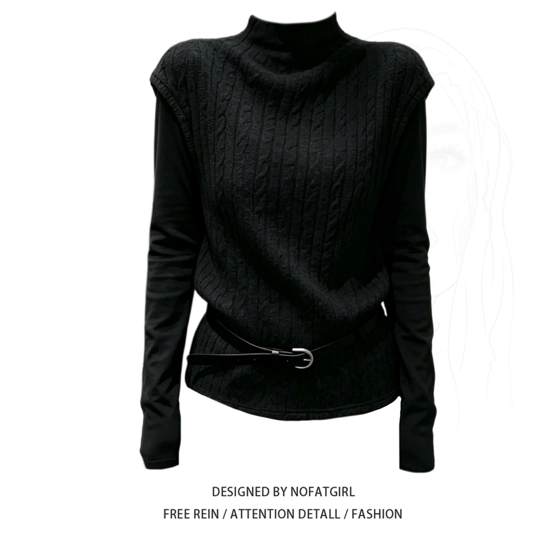 Plus-Size Korean-Style High-Neck Cable-Knit Sweater for Women, Autumn Black Pullover, Lazy Style, High-End Feel Sweater Top