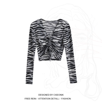 Large size fat mm short slim zebra pattern long sleeve T-shirt female spring design feel drawstring inside base shirt top