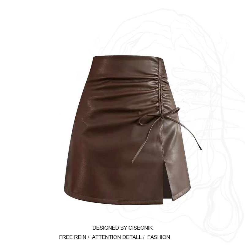 Large Size Women Dress Fat Sister Port Taste PU Leather Pleated Short Skirt Half Body Dress Woman Autumn Design Feel Open Fork A Word Bag Hip Skirt