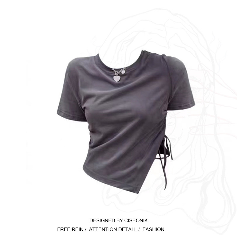 Large size short section positive shoulder T-shirt woman 2021 new design sensation irregular summer fat MM short sleeve drawing rope blouse
