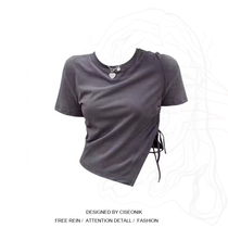 BIG CODE SHORT Positive Shoulder T Shirt Woman 2021 New Design Sensation Irregular Summer Fat MM Short Sleeve Drawing Rope Blouse