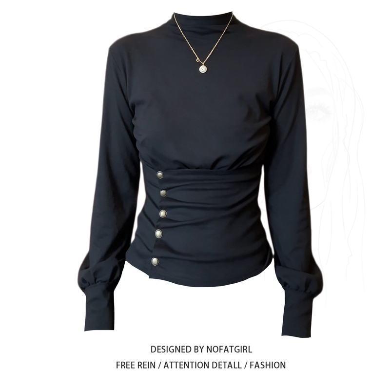 Plus-Size Korean-Style Casual Black Long-Sleeve T-Shirt for Women, Slim-Fit with Button Decoration, Versatile Top with a Sense of Design
