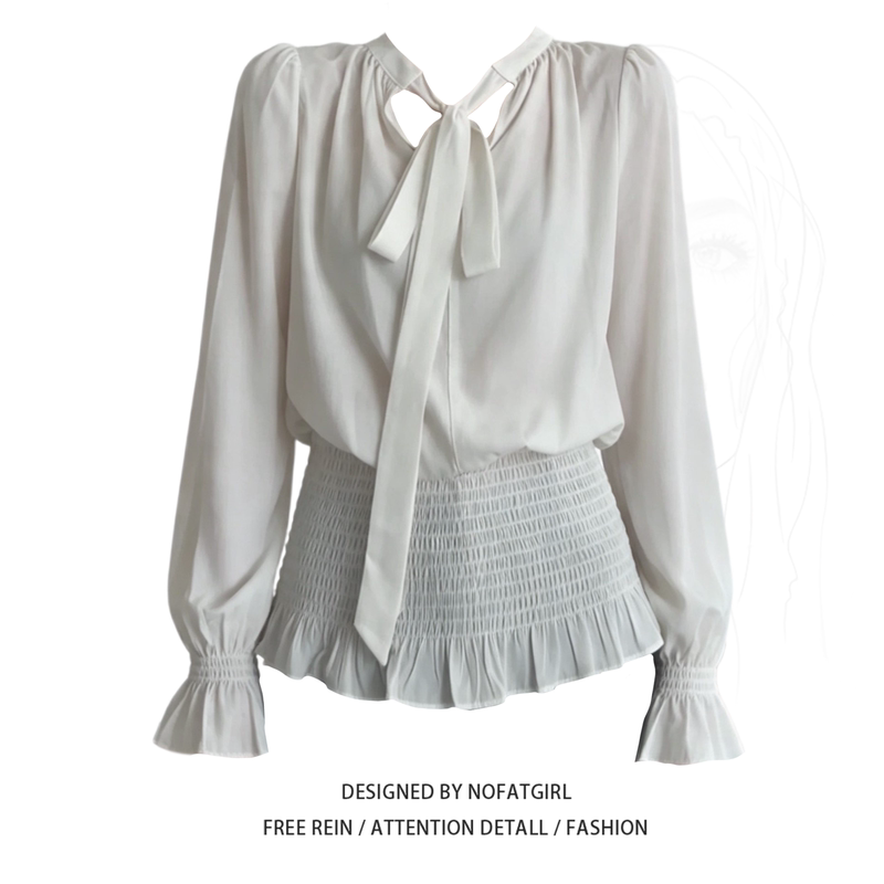 Plus-Size Korean-Style Chic Lace-Up Two-Way Pleated Waist-Cinching Long-Sleeve Shirt for Women, Early Autumn 2026, Stunning Top
