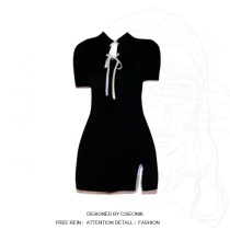 Big Code Women Dress Fat Sister Sweetheart Horseradish Retro Improved Wind Qipao Lace Lace Lace Lace Foam Sleeves Dress Damp