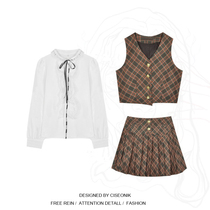 Big Code Woman Dress Fat Sister College Wind Retro Gaggle Horse Chia Long Sleeve Shirt 100 Pleats Half Body Short Skirt Three Sets