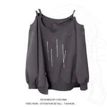 Large size fat sister American retro chain carbon gray strapless hole slit sweater female spring design hot girl top