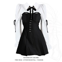 Plus size fat sister fashion contrast color waist dress womens autumn new design sense button-down pleated A-line skirt