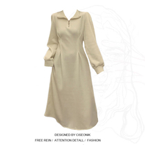 Large size fat sister design sense polo collar waffle plus velvet dress female autumn and winter new waist temperament long skirt