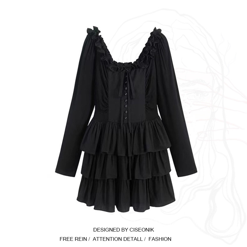 Large size female dress Fat sister Sweet Spicy Wind Black Lined with women Early fall Slim Sexy Cake Skirt Short