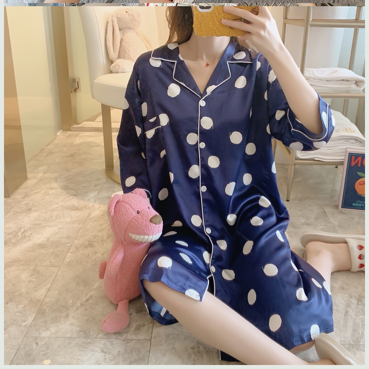 Bộ đồ ngủ Lady Summer Gấu phim hoạt hình hoa lụa băng pajama váy chất béo lỏng mỏng có thể mặc bộ đồ ngủ kích thước lớn.