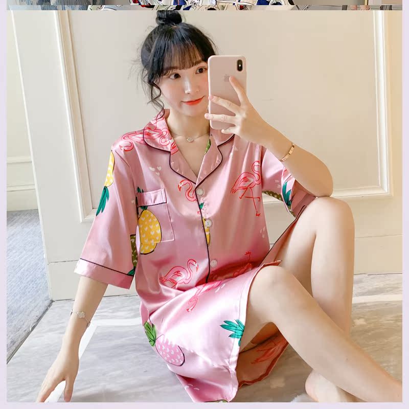 Bộ đồ ngủ Lady Summer Gấu phim hoạt hình hoa lụa băng pajama váy chất béo lỏng mỏng có thể mặc bộ đồ ngủ kích thước lớn.