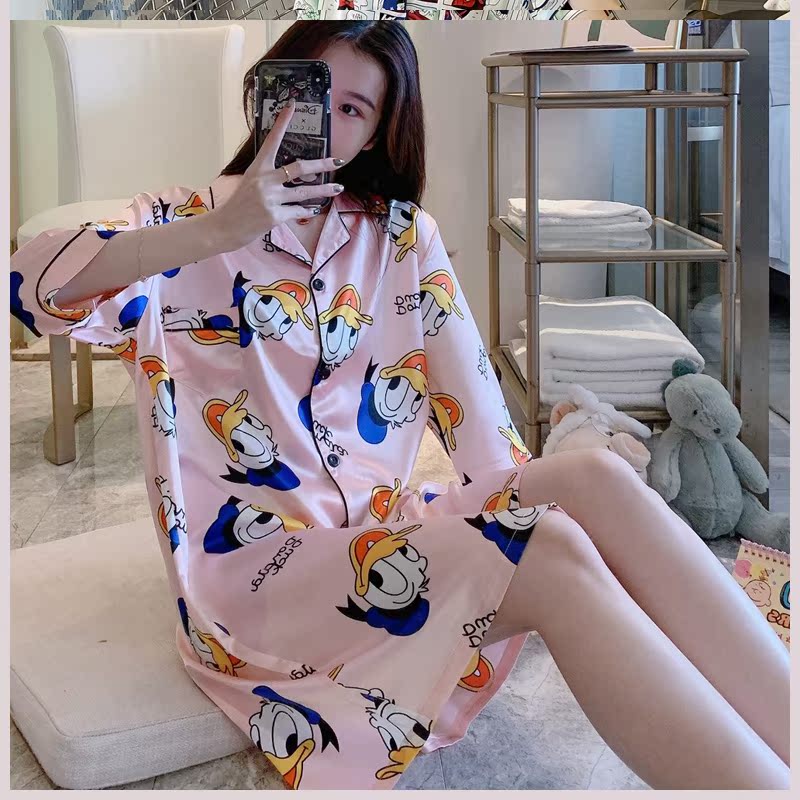 Bộ đồ ngủ Lady Summer Gấu phim hoạt hình hoa lụa băng pajama váy chất béo lỏng mỏng có thể mặc bộ đồ ngủ kích thước lớn.