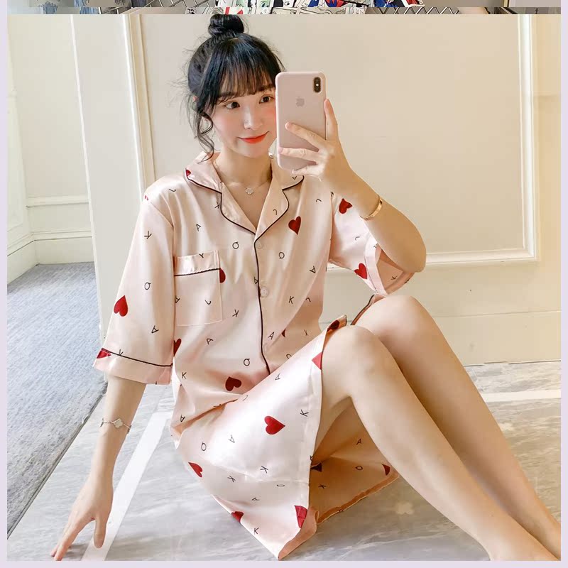 Bộ đồ ngủ Lady Summer Gấu phim hoạt hình hoa lụa băng pajama váy chất béo lỏng mỏng có thể mặc bộ đồ ngủ kích thước lớn.