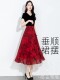 2025 New Summer Chiffon Red Ink Print Skirt for Women, High-Waisted Slim Midi Skirt, Dance Flared Skirt