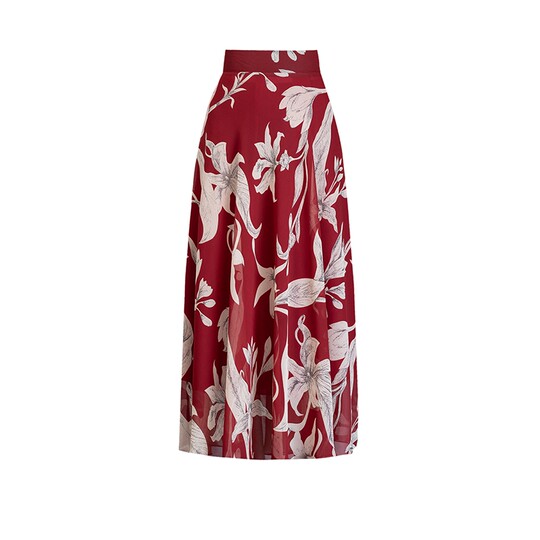 2025 Summer Chiffon Skirt Red Floral Slimming Long Skirt with Large Hem Plus Size Casual Dance Long Skirt for Women