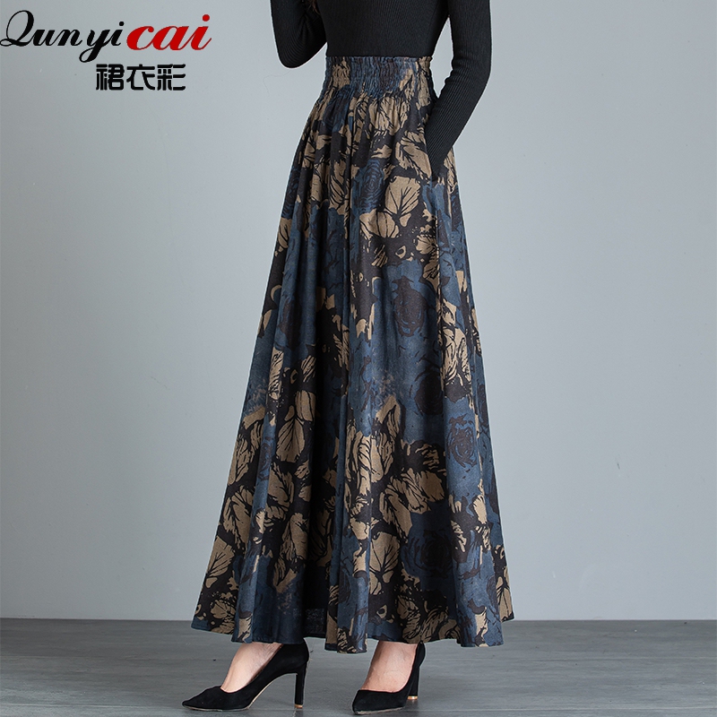 2026 Spring New Cotton and Linen Skirt Long Skirt for Women High Waist Large Hem Vintage Floral Linen Long Skirt Plus Size Skirt
