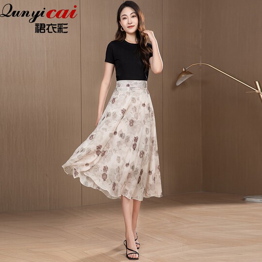 Skirt Women's Summer Mid-Length New Style Fresh Printed A-Line Skirt Slimming Look over the Knee Draped Holiday Chiffon Women's Mid-Skirt