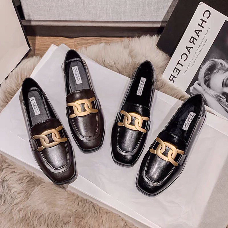 Niche autumn and winter joint loafers women's large size 41-43 British style small leather shoes single foot wide fat leather spring and summer z