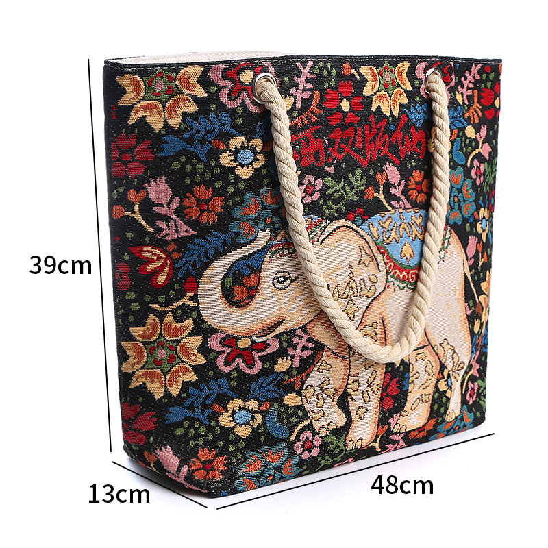 Xishuangbanna Ethnic Style Black Flower Elephant Double-Sided Jacquard Embroidery Gold Thread Canvas Zipper Tote Shoulder Bag