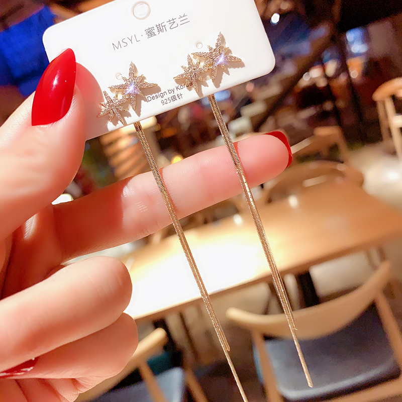 Korea's unique design of Mangxing long stream of Su earrings without ear holes with a face thin 925 silver needle