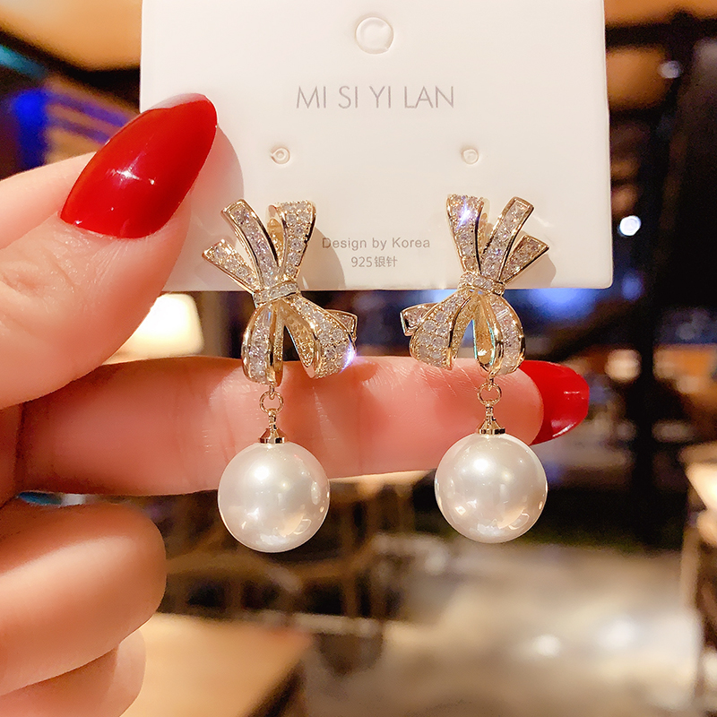 Korean Temperament Big and Butterfly Knot Pearl Earrings 2022 New Tide Ear Needle Superior Atmospheric Earrings