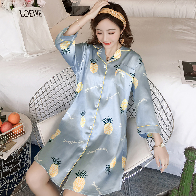 . Pyjama phụ nữ mùa hè mỏng lụa dài tay sexy pajama cardigan lớn kích thước mm200 mỡ kg mùa xuân và mùa thu nhà.