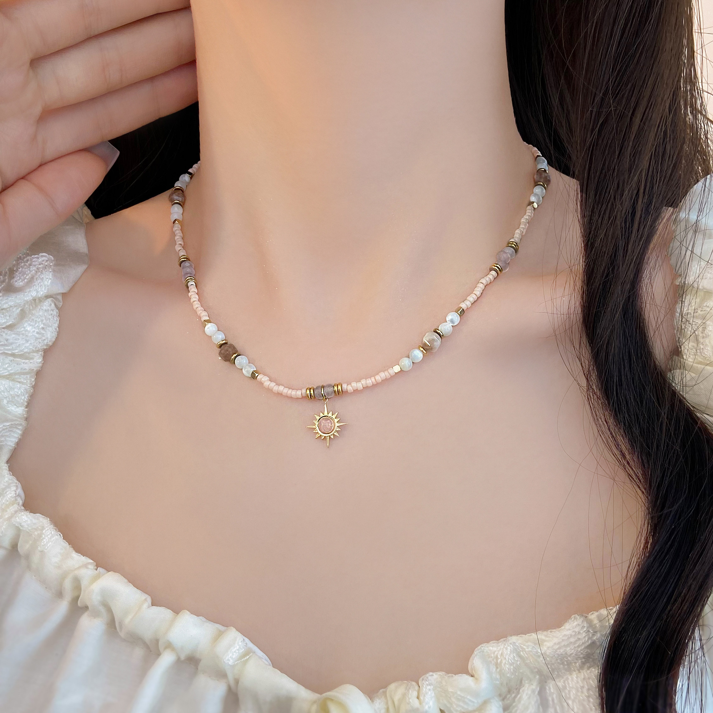 Sun Beaded New Chinese Style Pearl Necklace for Women, New Light Luxury Niche High-End Clavicle Chain Accessory Choker