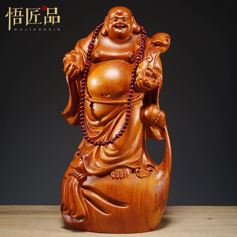 Pear solid wood carved Maitreya Buddha statue ornament wooden ruyi cloth bag laughing Buddha home accessories living room mahogany handicrafts