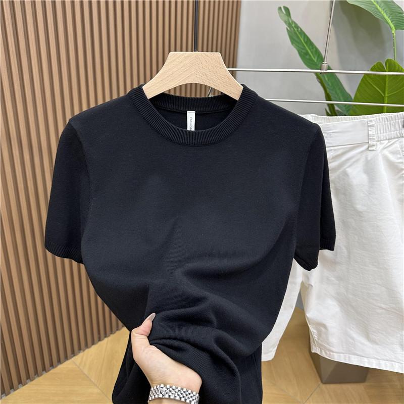 Men's Solid Color Crew Neck Short-Sleeve Knit Sweater, Slim Fit, Soft and Comfortable, Korean Style Trendy Casual Everyday Wear Sweater