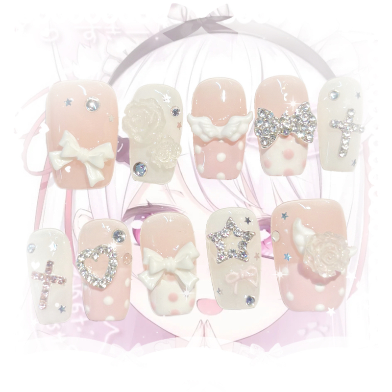 Mass-Produced Wearable Nails, Cute Japanese Style, Girly Ballet Nails with Rhinestones, Heart and Bow Elements, Pink and Tender Nail Pieces Mass-Produced Wearable Nails, Cute Japanese Style, Girly Ballet Nails with Rhinestones, Heart and Bow Elements, Pink and Tender Nail Pieces