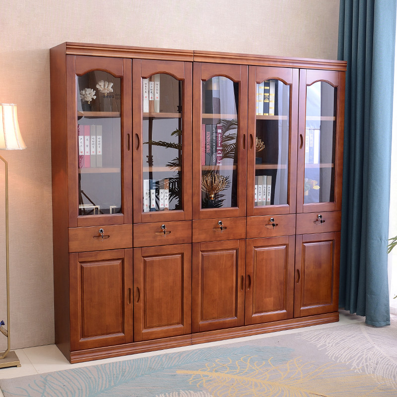 Chinese-style solid wood bookcase wall bookcase bookshelf floor-to-ceiling plus lock with glass door combination storage cabinet study office
