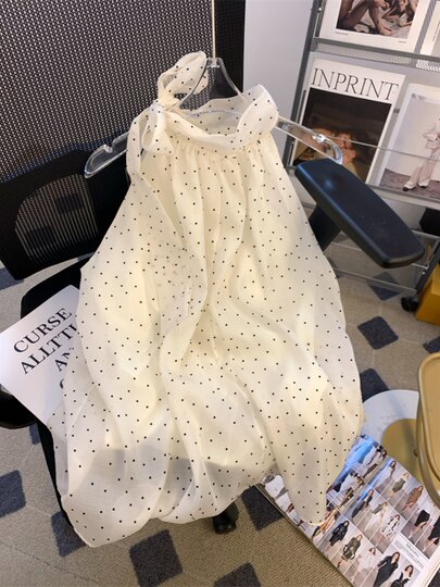 miu风波点系带挂脖雪纺衬衫女夏季宽松遮肚子娃娃衫超仙无袖上衣