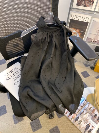 miu风波点系带挂脖雪纺衬衫女夏季宽松遮肚子娃娃衫超仙无袖上衣