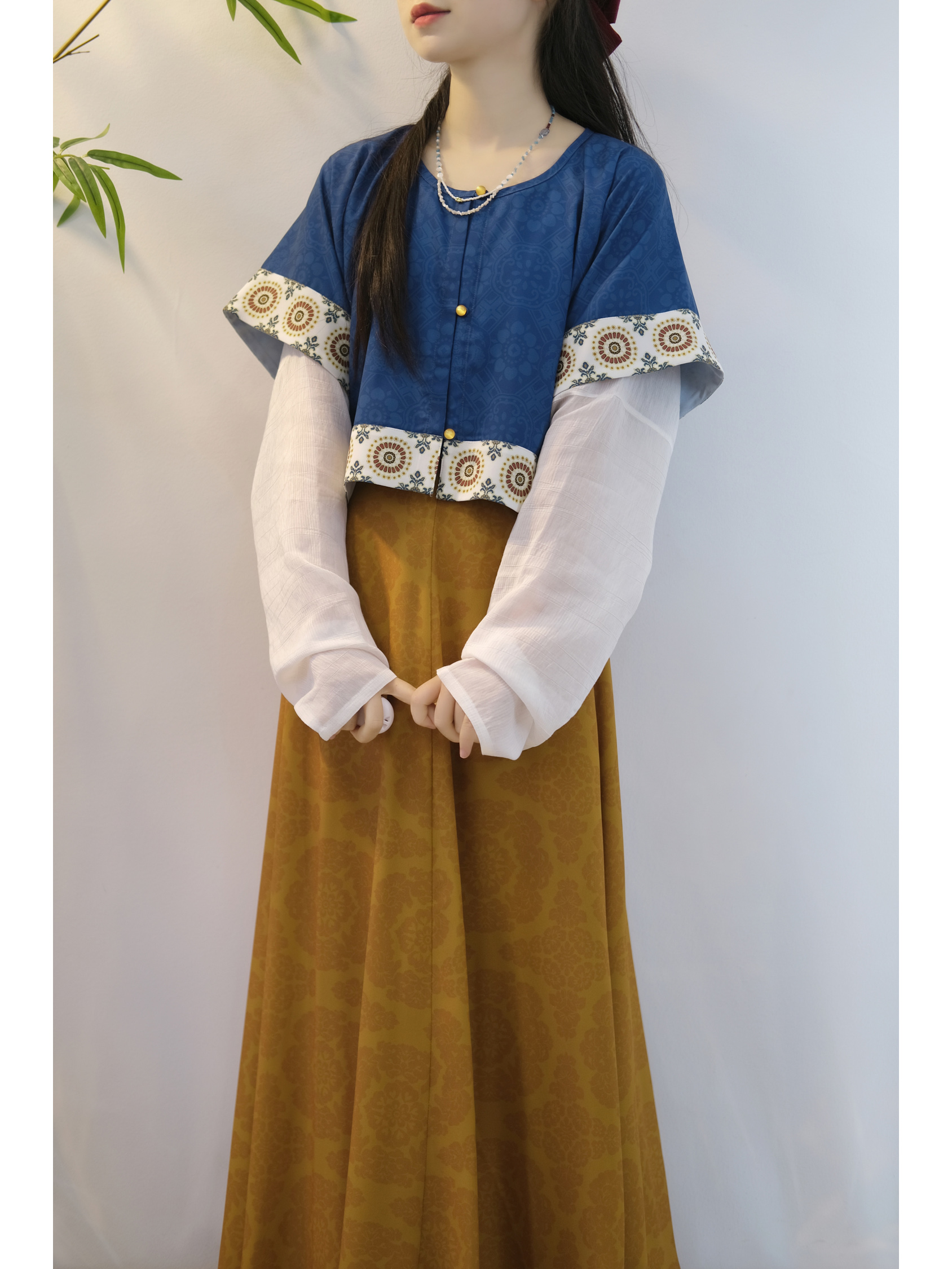 小粋ワイン唐式半袖ドレープカラー八つ裂きスカート春夏漢服唐風秋木