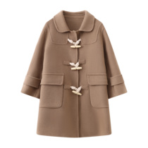 Girls double-sided cashmere coat 24 autumn and winter new childrens coat thickened 100 woolen horn button mid-length style