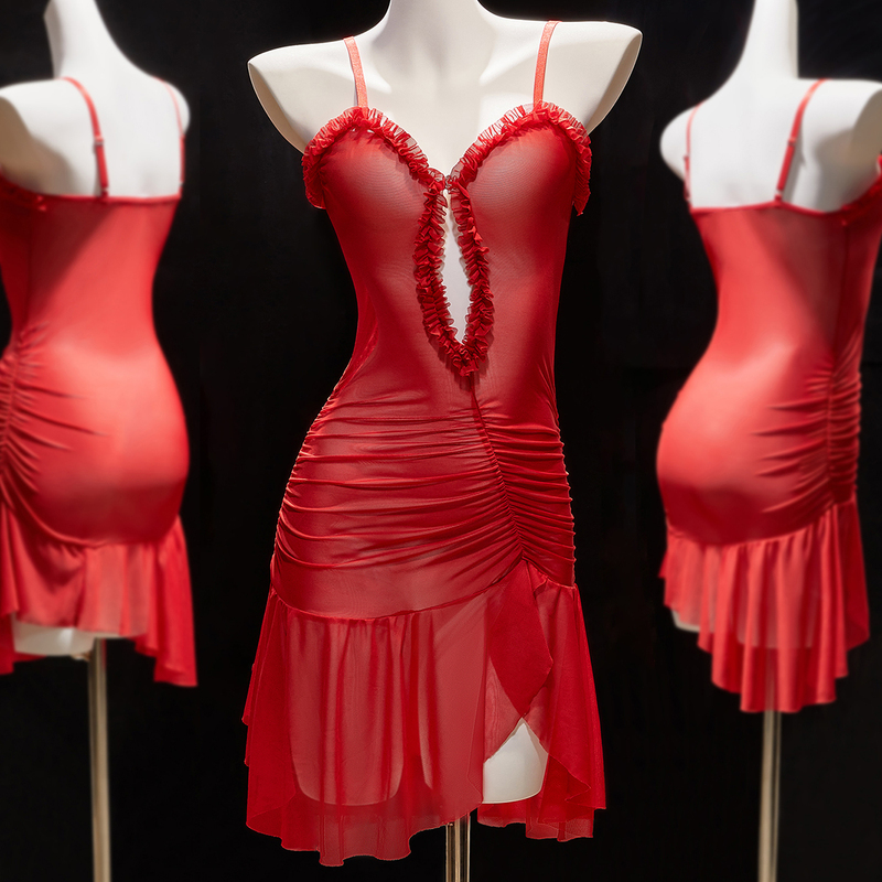 Amazon Red Mesh Suspender Dress with Hollow-Out Design, Slim Fit, Slit Nightgown 9298