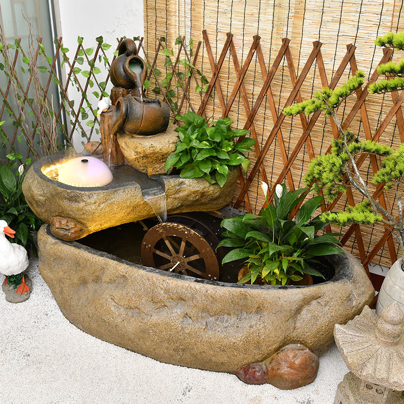 New Chinese-Style Outdoor Rockery with Flowing Water Fountain, Courtyard Garden Balcony Landscape Water Wheel, Fortune Fish Pond, Decorative Ornaments