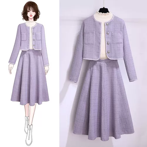 Куртка, осенний комплект, юбка, большой размер, подходит для полных девушек, в стиле Шанель, высокая талия