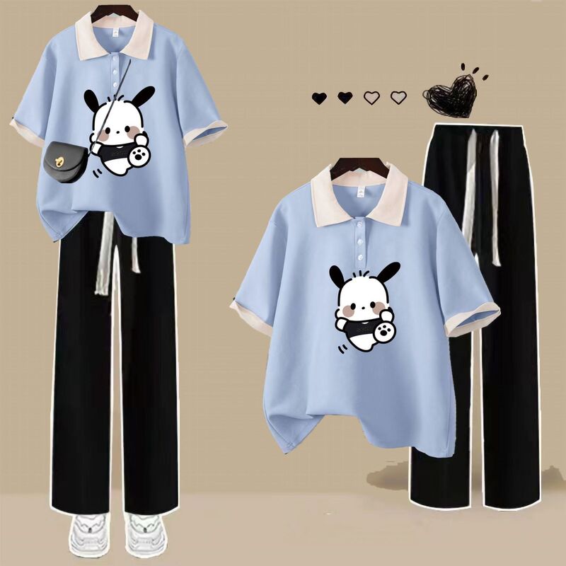 Plus Size 150kg Fat Sister's Preppy Style Suit Women's Summer Outfit Polo Collar Short-Sleeved T-Shirt Wide-Leg Pants Two-Piece Set 24