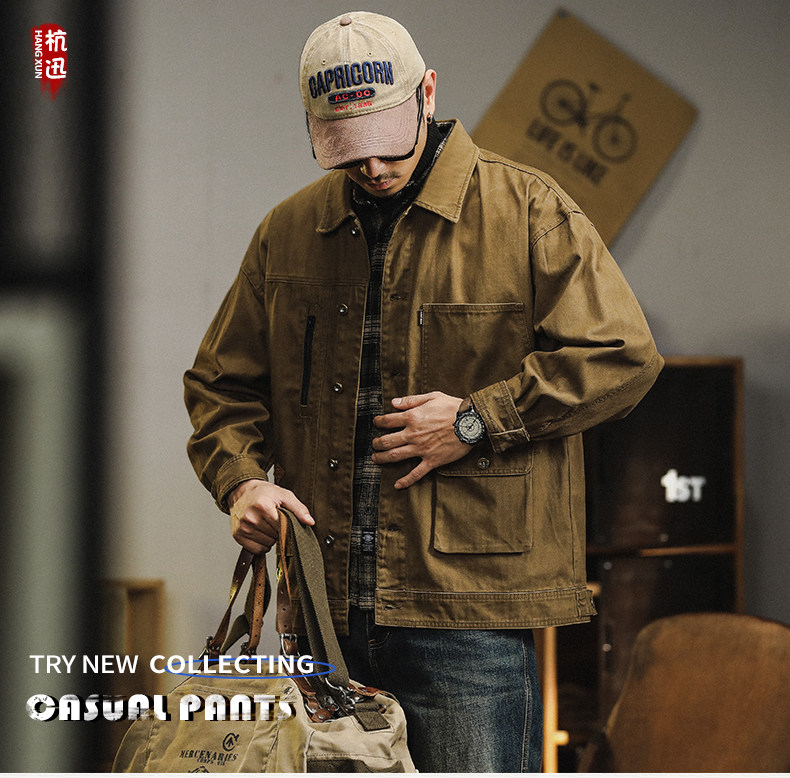 American Fashion Multi-pocket Workwear Jacket Men Spring Loose