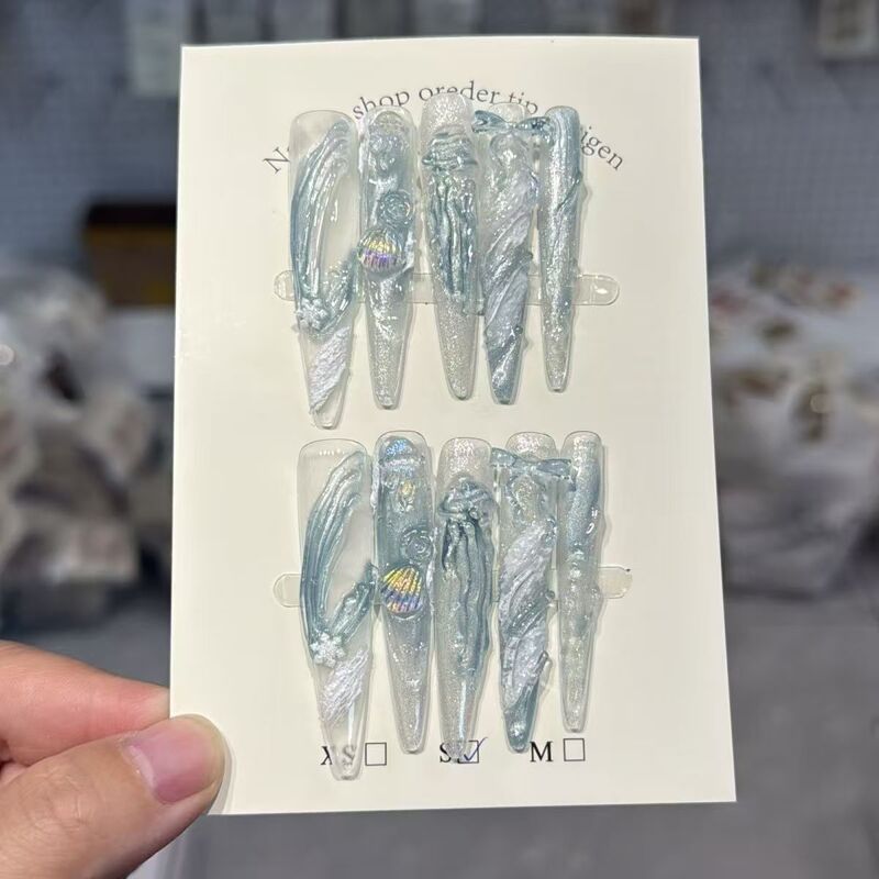 Blue Gradient Transparent Wearable Nails Long Fairy Style Three-Dimensional Nail Art Patch