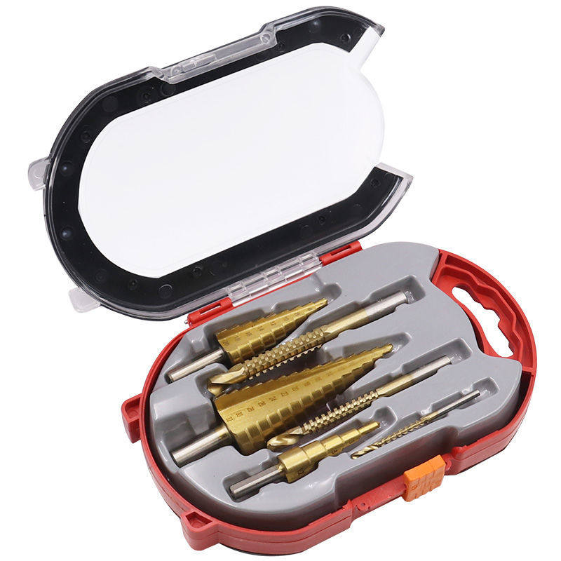 High-speed net 4241 titanium-plated step drill set triangular handle drill bit 6pcs pagoda drill woodworking slot saw drill combination