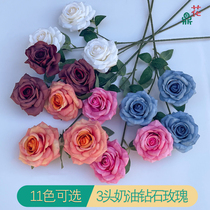 3 Heads Cream Diamond Rose Spring Color Ice Heart Moon Season Fresh Wedding Hall Building Scenery Road Leading Flower Arrangement Fake Flowers