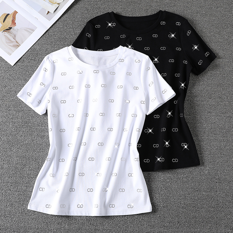 2025 Summer Fashion Hot-Selling Letter-Print Heavy-Duty Rhinestone T-Shirt European Style V-Neck Pure Cotton Short-Sleeve Shiny Top Trendy Fashion