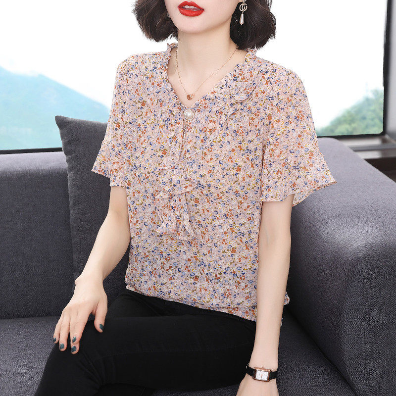 Middle - aged mom crushed snow spinning shirt 2023 new fashion temperament lotus leaf tie - leaf gas reduction T - shirt